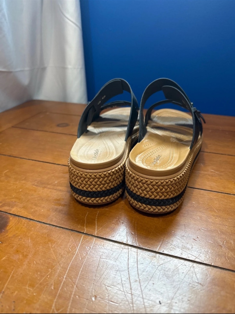 CROCS Black Dual-Strap Platform Slides with Tan Braided Wedge - Picture 4 of 6
